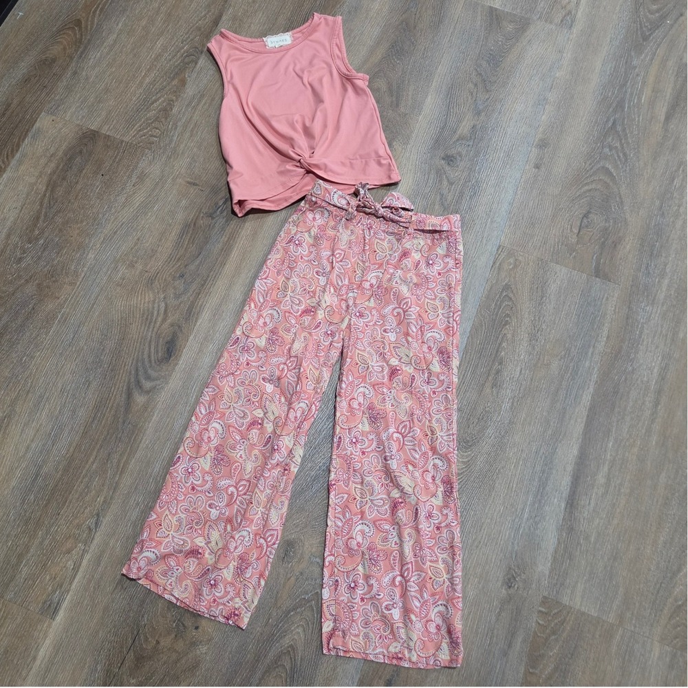Btween Girls Pink Twist Front Crop Top and Paisley Wide Leg Pants Set Size 6
